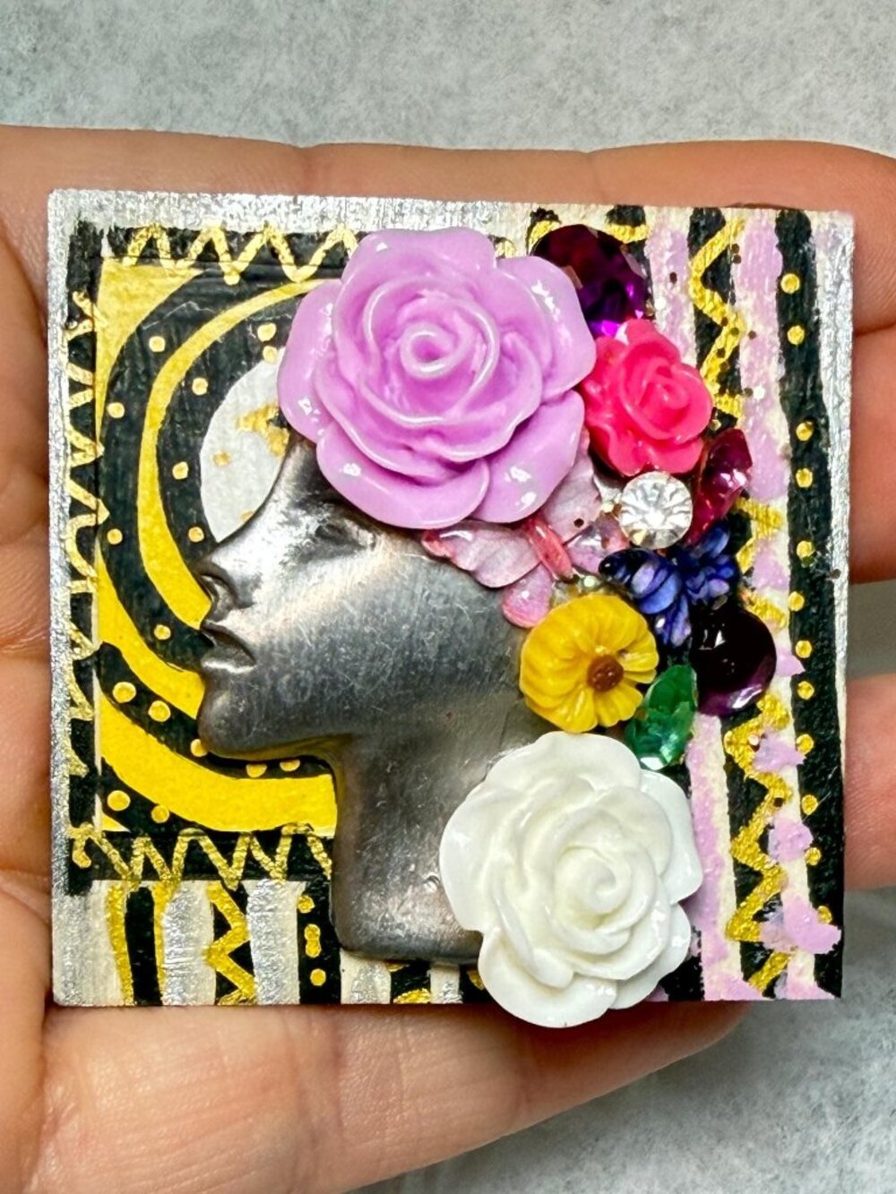 OOAK Ultra Craft Lady Face Brooch Handmade Art Pin Floral Collage